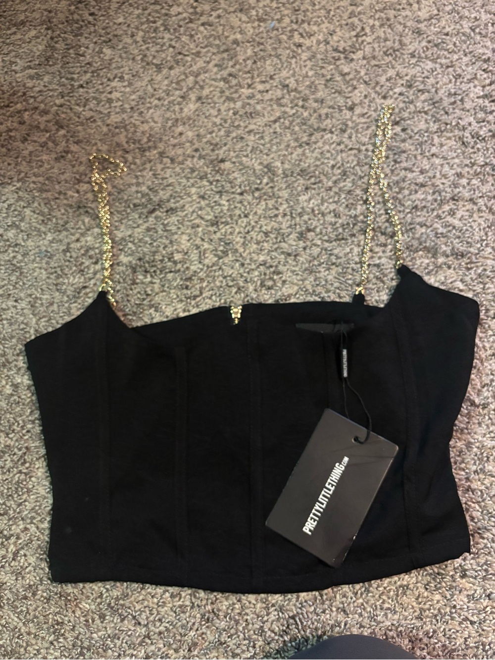 PrettyLittleThing Black Crop Top with Gold Chain Straps